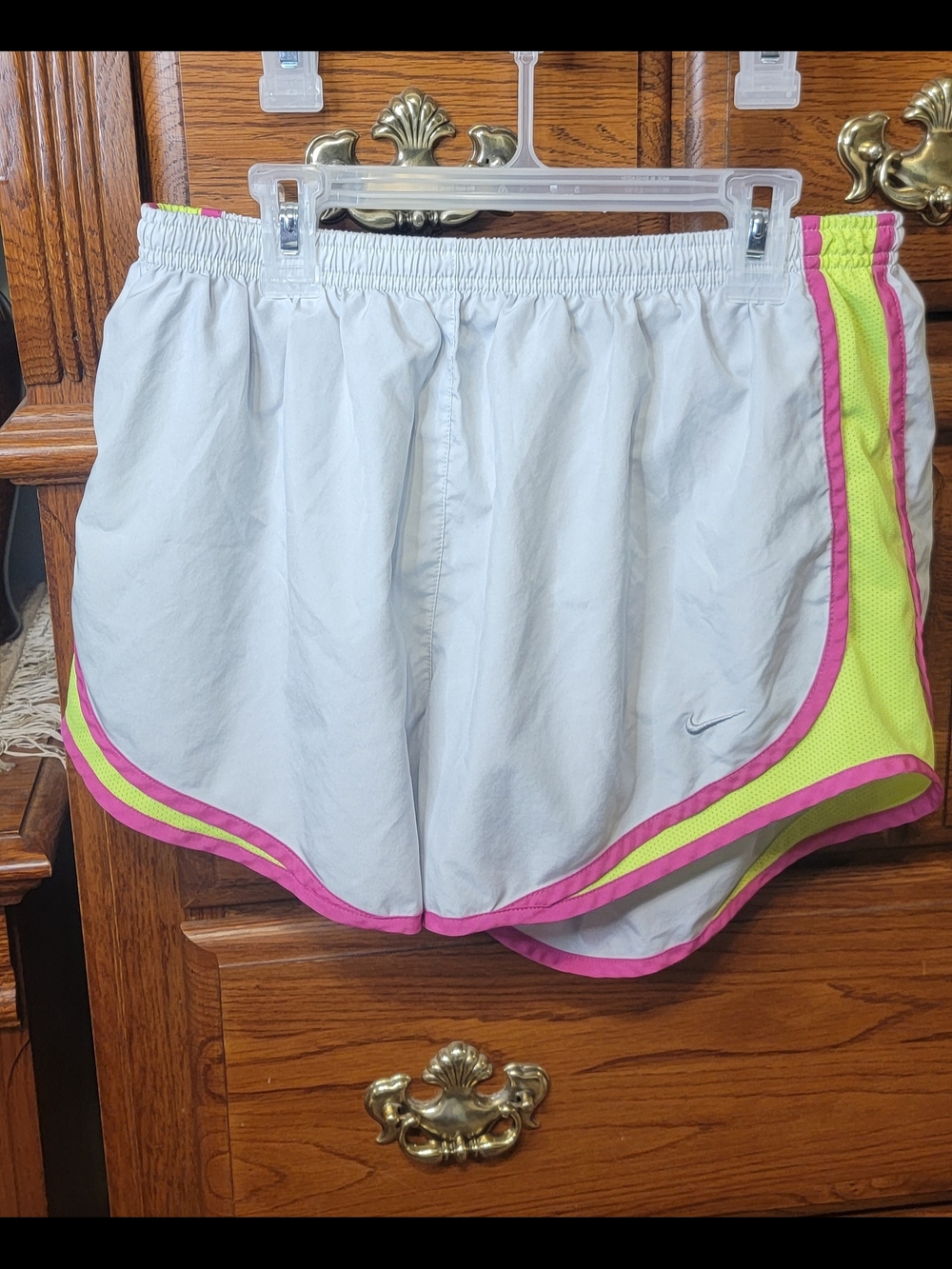 Nike Dri-Fit Women's White Athletic Shorts with Pink & Neon Yellow Trim